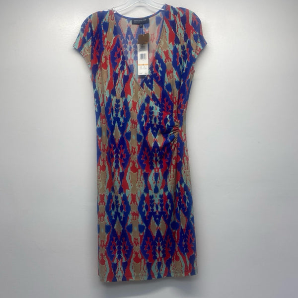 Jones New York Size S Women's Blue-Multi Abstract Faux Wrap Dress