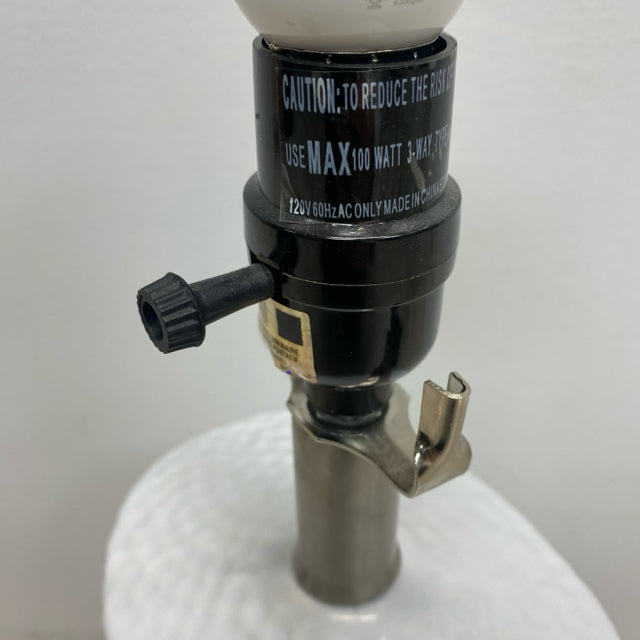 Table Top White-Silver Textured Ceramic Lamp w White Lamp Shade