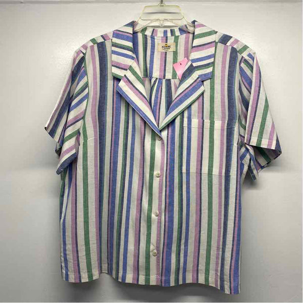 Marine Layer Size Xl Women's White-Multicolor Stripe Button Up Short Sleeve Top