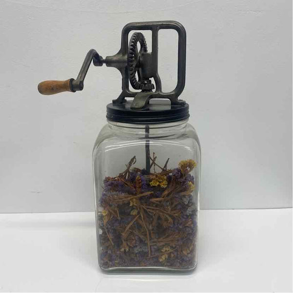 Antique Clear Glass Metal Square Butter Churn
