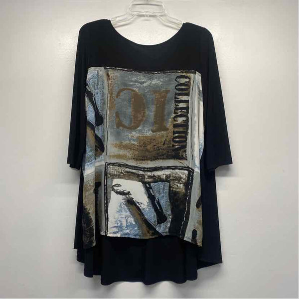 IC by Connie K Size Xl Women's Black-Multi Print Tunic Long Sleeve Top