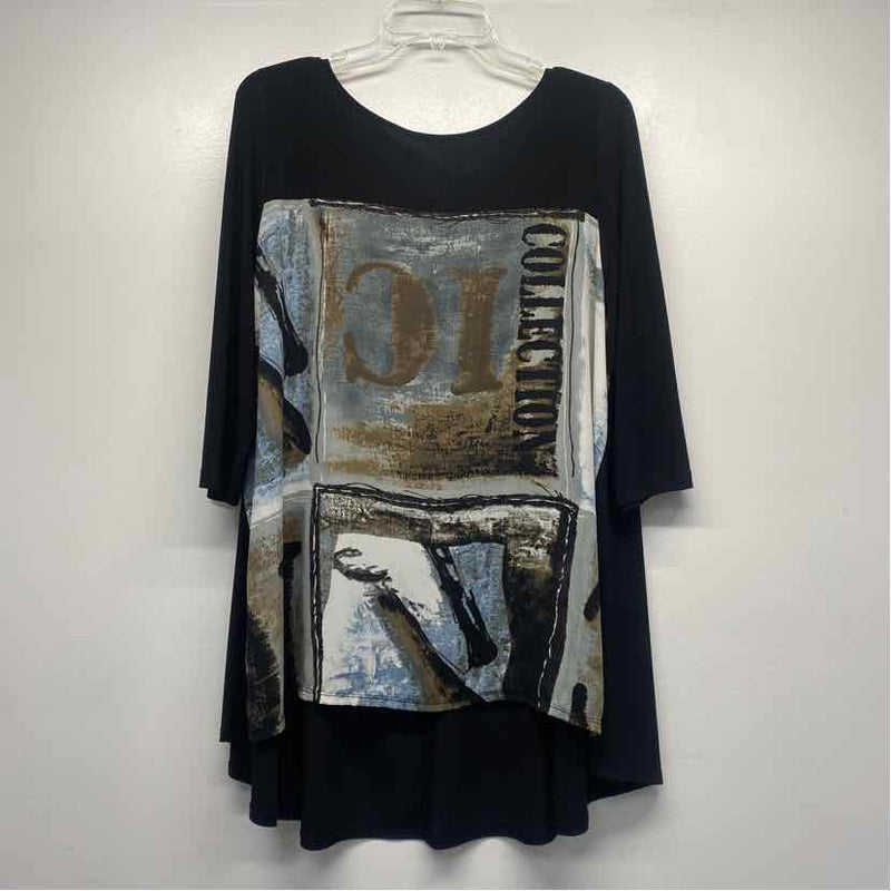 IC by Connie K Size Xl Women's Black-Multi Print Tunic Long Sleeve Top