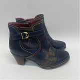 L'Artiste Size 37-6.5 Women's Navy-Multicolor Patchwork Ankle Booties
