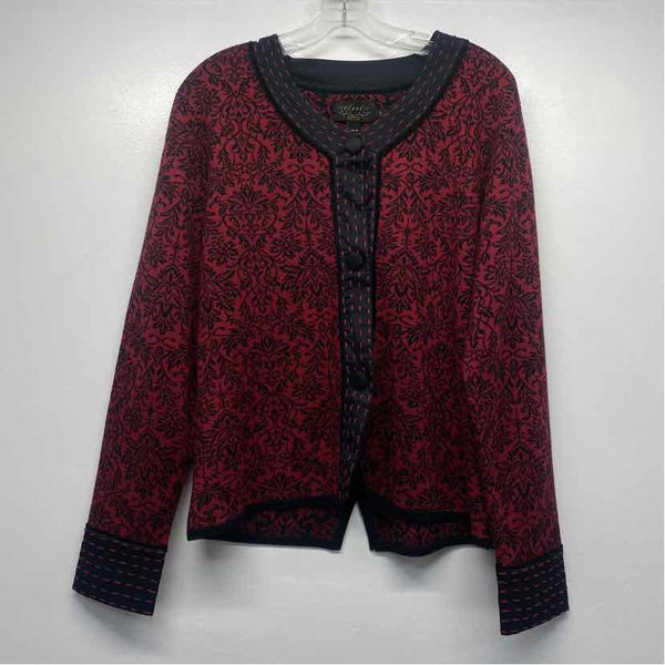 Icelandic Size L Women's Red-Black Pattern Button Up Sweater