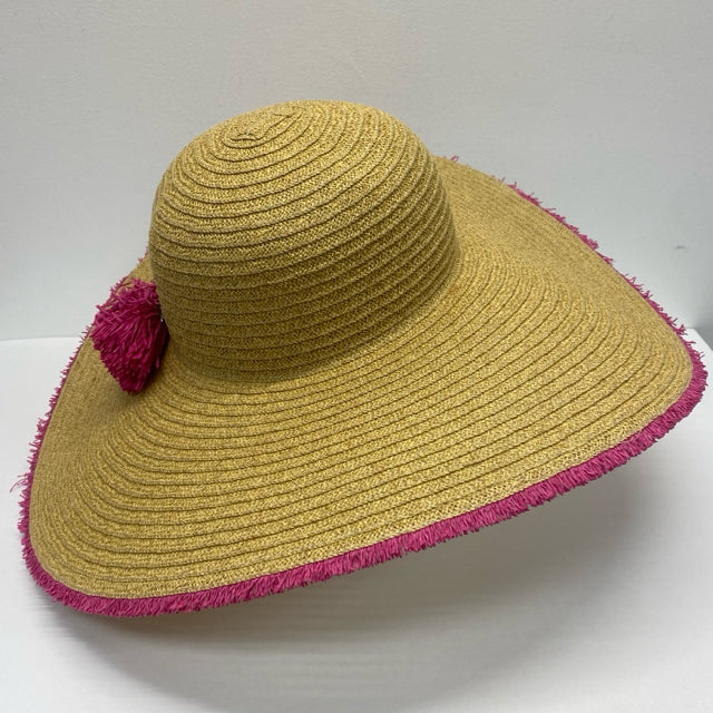 Nine West Large Floppy Tan Straw Hat with Pink Trim