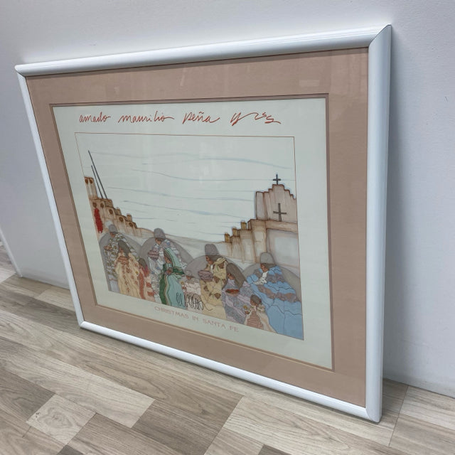 White Framed Painting Christmas in Santa Fe by Amado Maurilio Pena