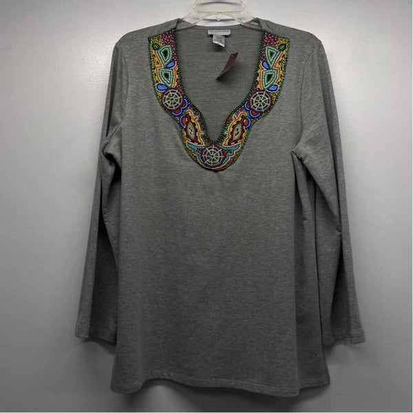 Soft Surroundings Size L Women's Gray Solid Pullover Long Sleeve Top