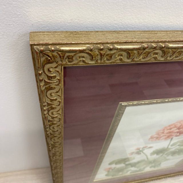 Pink Flower with green leaves signed Painting
