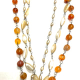 Carnelian, shell and pearls 3 chain strand necklace