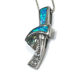 Sterling silver necklace with ribbon shape pendant blue opal and cubic zirconia