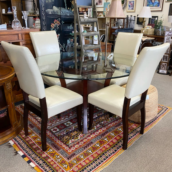 Round Brown-Clear Wood-Glass Dining Room Table w 4 Beige Faux Leather Chairs