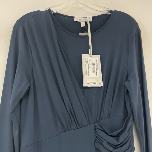 Max Mara Erica Size L Blue Solid Long Sleeves Faux Wrap Dress