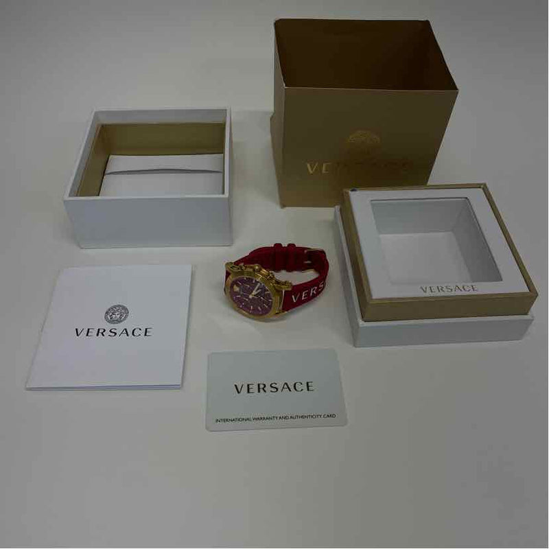 Versace Gold-Red Signature Stainless Steel Round Watch