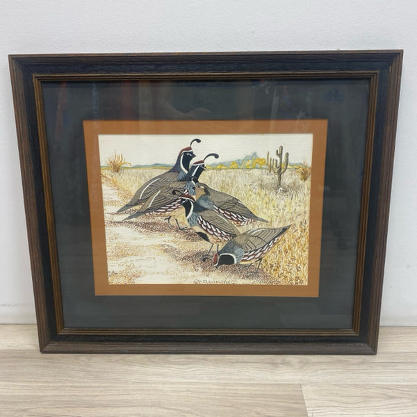 Brown Wood Framed Painting Gambel Quail by Norma J. Jepsett 1971