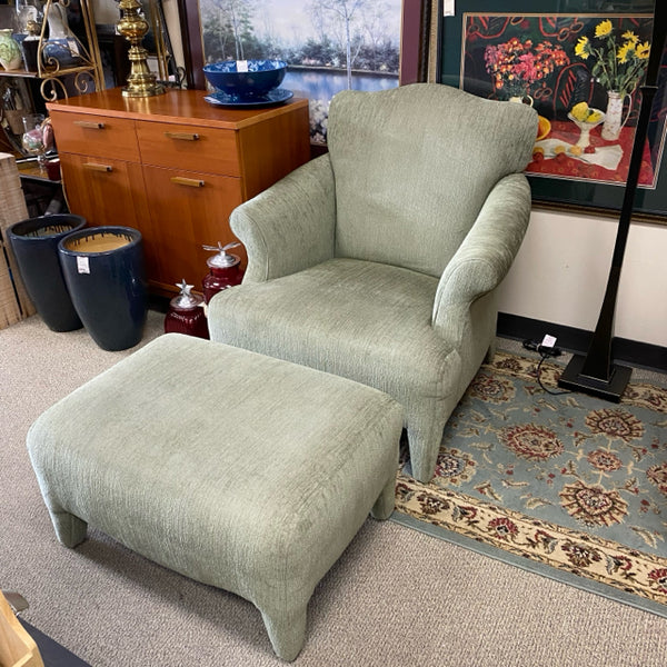 Green Fabric Textured Arm Chair and Ottoman