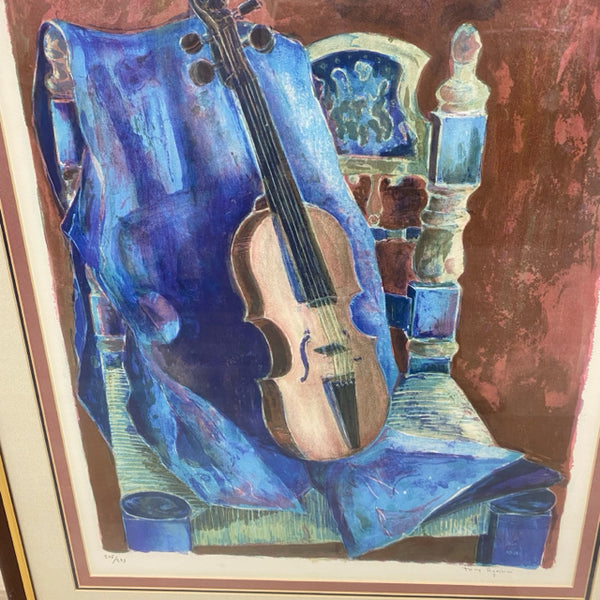 Print Red Framed Print of Violin on Blue Chair by Tony Hyoshimi
