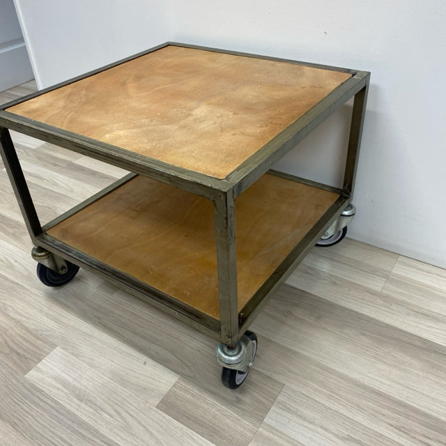 Handmade Industrial Tan Wood-Metal Rolling Table