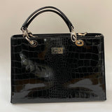 Beijo Black Patent Leather Animal Print Faux Leather Handbag