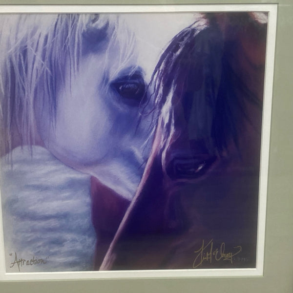 Brown-Green Wood Framed Painting of 2 Horses "Attraction" by Kim McElroy
