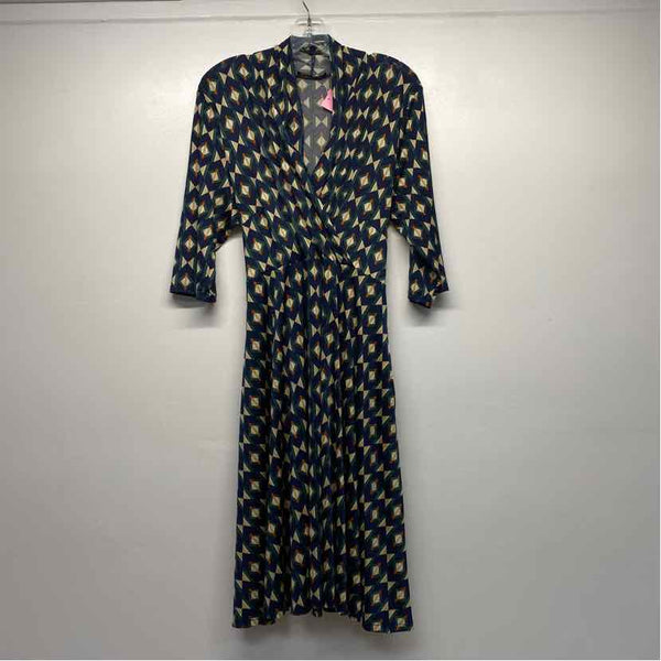 Audrey Whitmore Size L Women's Navy-Multicolor Pattern Faux Wrap Dress