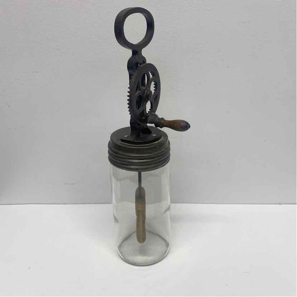 Antique Clear Glass Metal Round Butter Churn