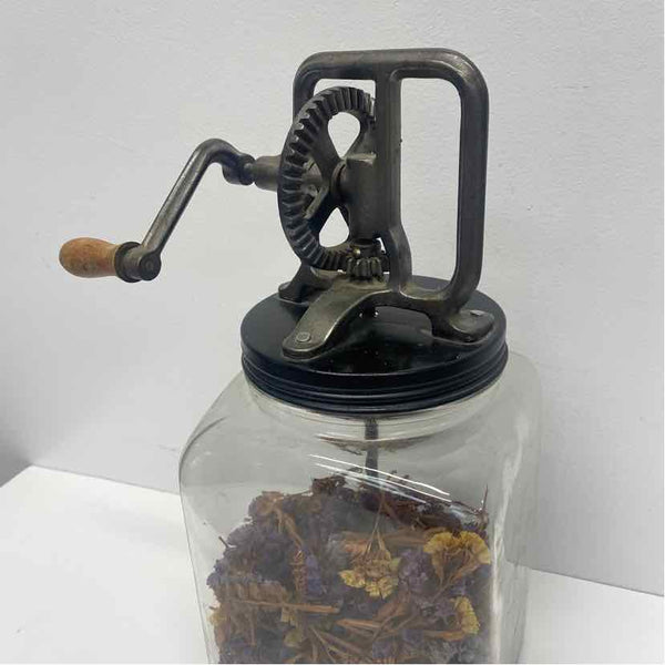 Antique Clear Glass Metal Square Butter Churn