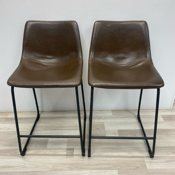 Counter Height Solid Brown Faux Leather Stool - Set of 2