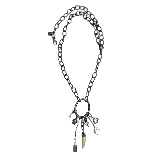 Uno de 50 Gray Metal Chain Necklace w Multiple Charms on Large Oval Ring