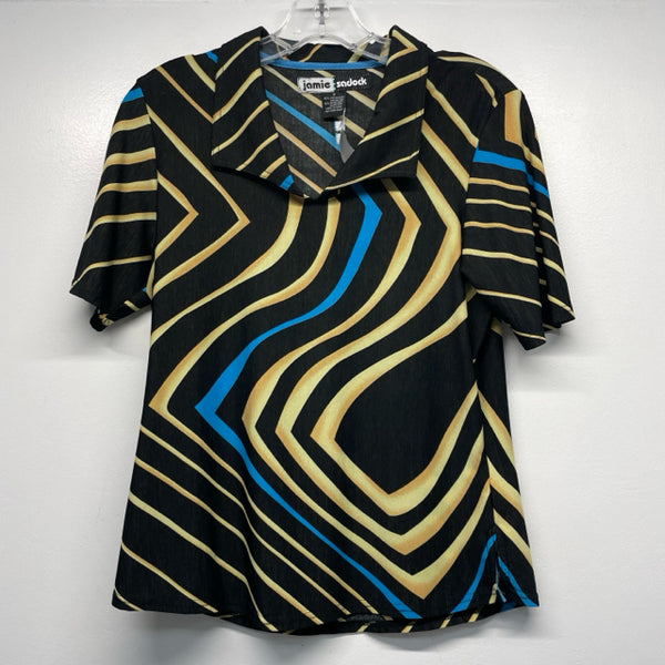 Jamie Sadock Size S Women's Black-Multi Stripe Short Sleeve Activewear Top