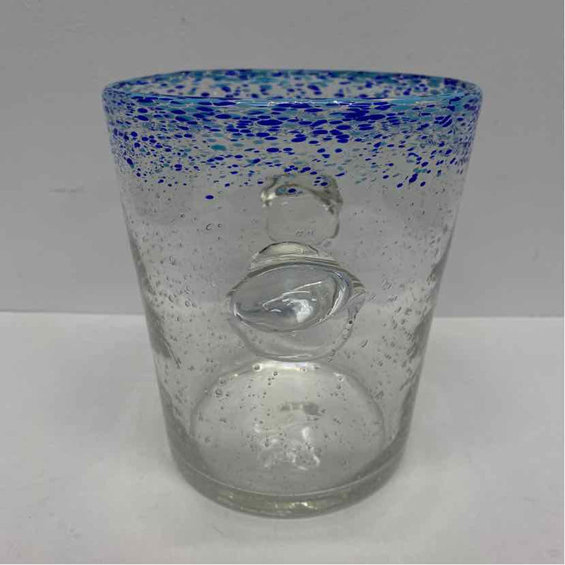 Clear-Blue Round Glass Ice Bucket w Handles