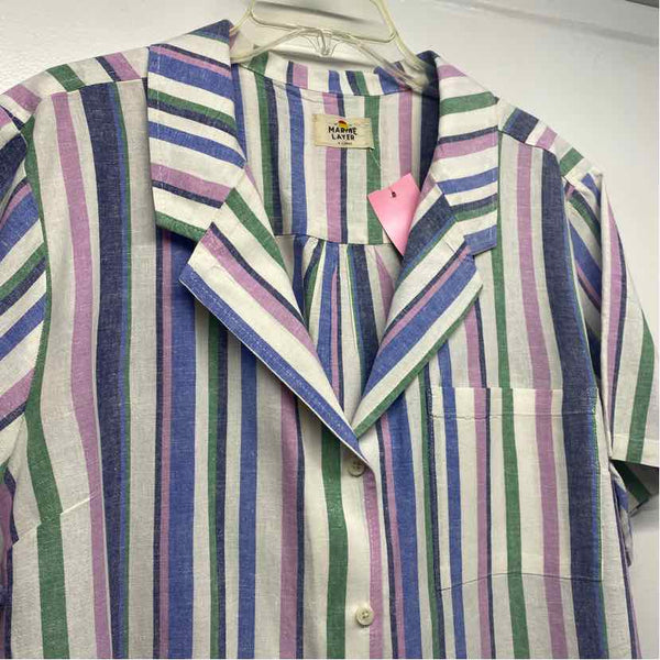 Marine Layer Size Xl Women's White-Multicolor Stripe Button Up Short Sleeve Top
