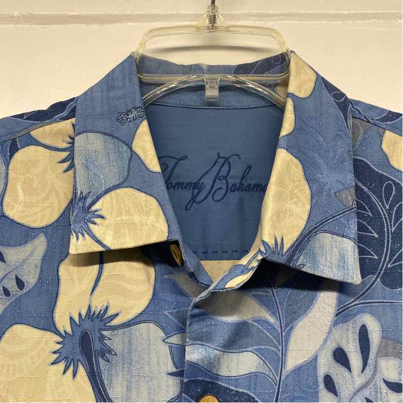 Tommy Bahama Size L Blue-White Silk Floral Men's Men's Short Sleeve Shirt