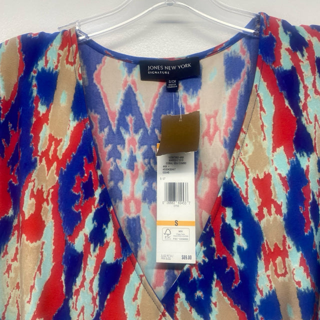 Jones New York Size S Women's Blue-Multi Abstract Faux Wrap Dress