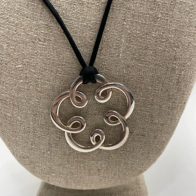 Tous Silver-Black Silver Adjustable Cord Necklace with open Flower