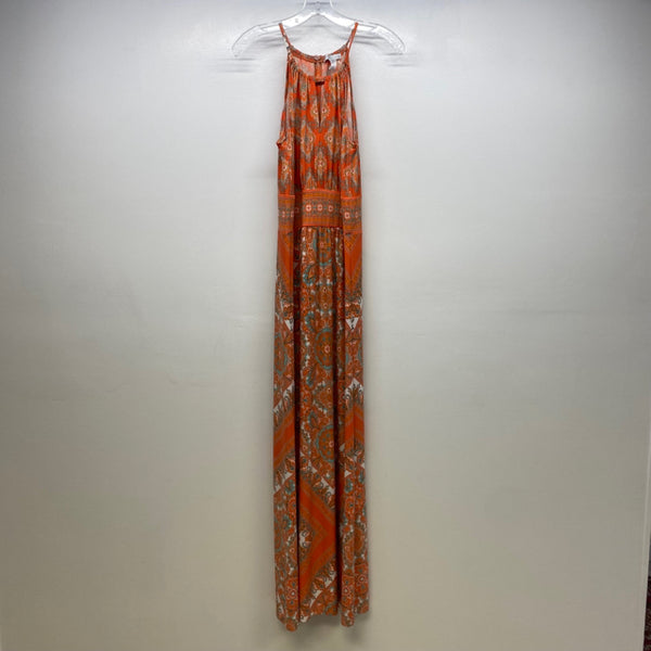 London Times Size 8-M Women's Orange-Multi Pattern Maxi-Halter Dress
