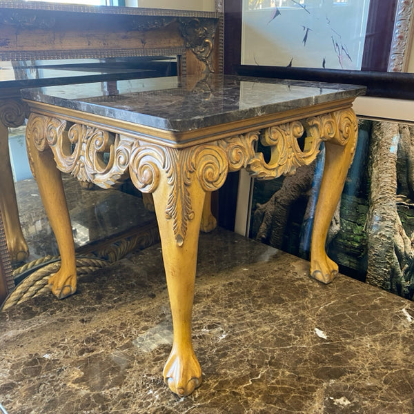Brown Carved Wood Base Stone Top Side Table