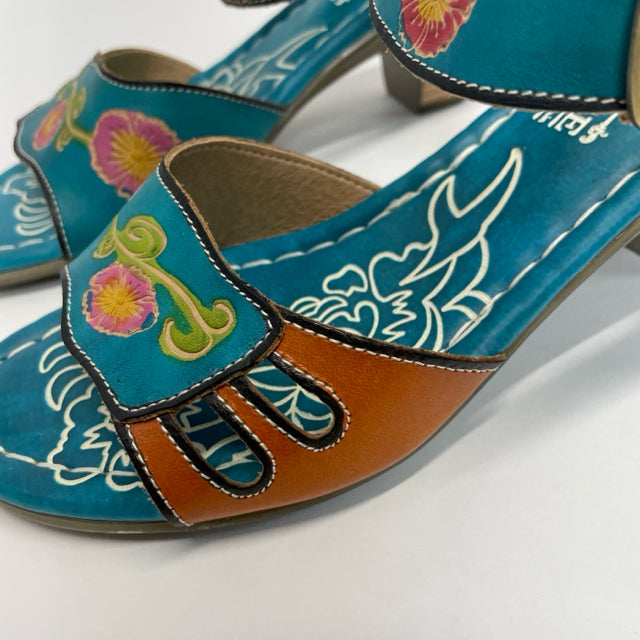 L'Artiste Size 37-6 Women's Teal-Mullticolor Floral Strappy Sandals