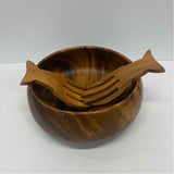 Made in Phillippines Round Brown Acacia Wood Calabash Salad Bowl w Serving Tongs
