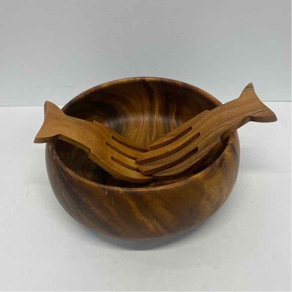 Made in Phillippines Round Brown Acacia Wood Calabash Salad Bowl w Serving Tongs