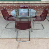 Ikea Clear-Silver Metal-GLass Round Dining Room Table & 4 Pink Acrylic Chairs