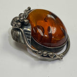 Oval Polished Baltic Amber Stone Set in Sterling silver with Foliate and Floral