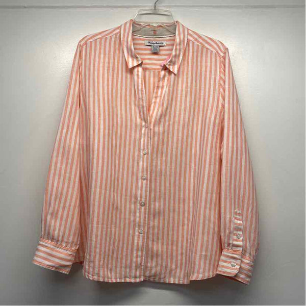 Tommy Bahama Size Xl Women's White-Coral Stripe Button Up Shirt