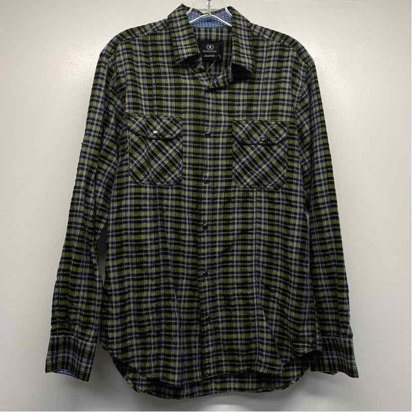 Bugatchi Size M Navy-Green Cotton Plaid Men's Men's Long Sleeve Shirt