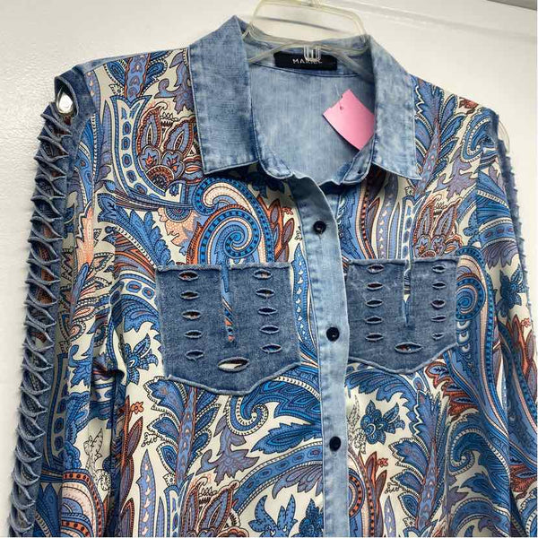 Mariel Size S Women's Blue-Multi Patchwork Button Up Shirt