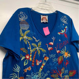 Johnny Was Size L Women's Blue Embroidered T-Shirt Short Sleeve Top