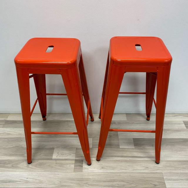 Tolix Orange Metal Solid Stool - Sold as a Pair