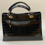 Beijo Black Patent Leather Animal Print Faux Leather Handbag