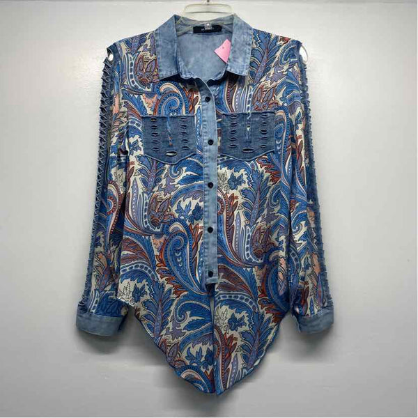 Mariel Size S Women's Blue-Multi Patchwork Button Up Shirt