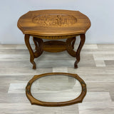 Brown Wood Carved Side Table w Removable Glass Tray