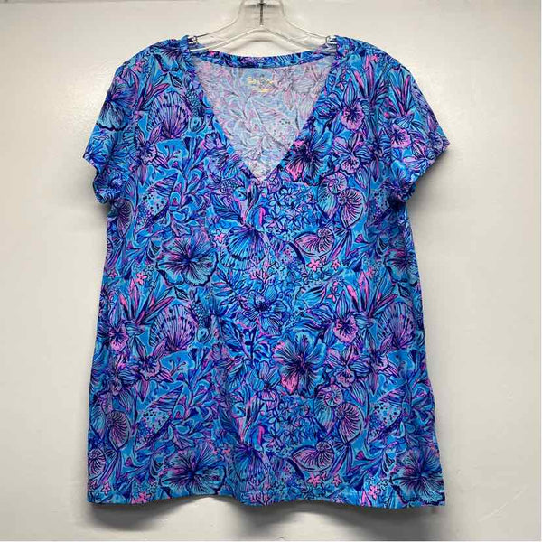 Lilly Pulitzer Size L Women's Blue-Pink Pattern V Neck Short Sleeve Top
